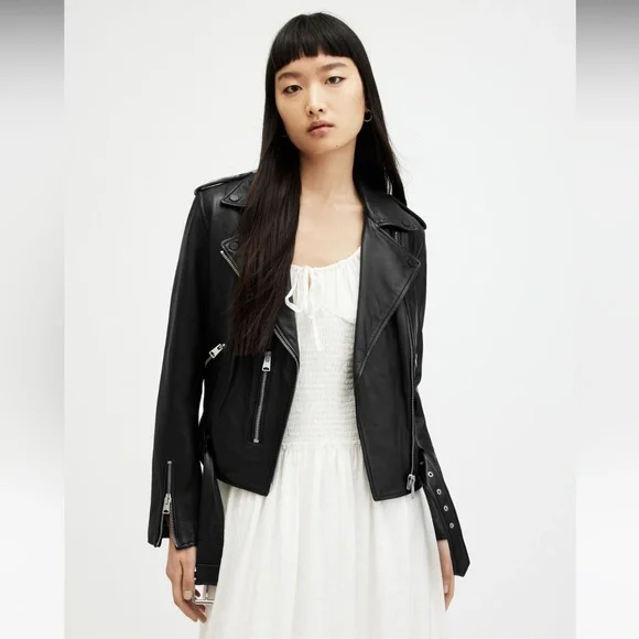All Saints Black Balfern Belted Hem Leather Biker Jacket Size 2 - Picture 2 of 13